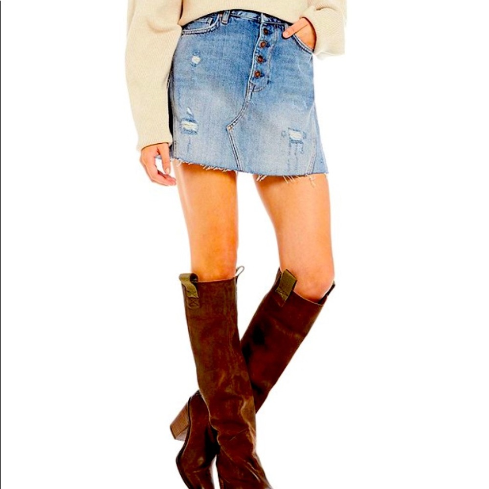 Free People Denim A-Line Distressed Skirt